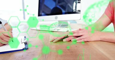 Image of scientific data processing over hands of caucasian female doctor and Stock Photos