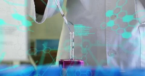 Image of scientific data processing over male scientist with test tubes in Stock Photos