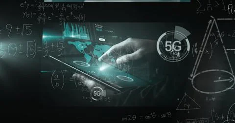 Image of scientific data on screens over black background with math formulas 스톡 일러스트