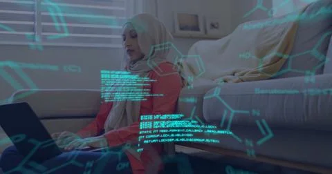 Image of scientific digital data processing over biracial woman in hijab using Stock Photos