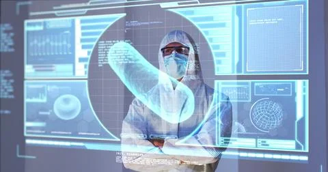 Image of scientist standing behind interactive screen with medical data Stock Photos