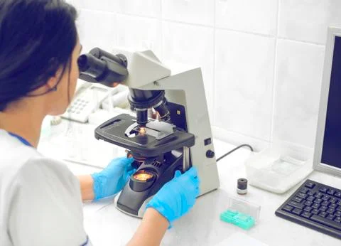 Image of scientist using microscope in laboratory Stock Photos