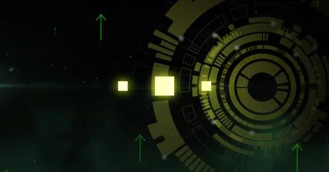 Image of scope and arrows with data processing over black background Stock Photos