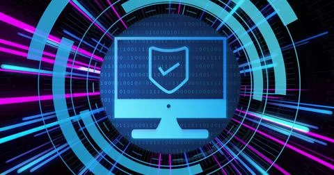 Image of scope and computer with ceber security icons over pink and blue neon Stock Photos