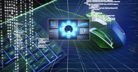 Image of scope and data processing over computer Stock Illustration
