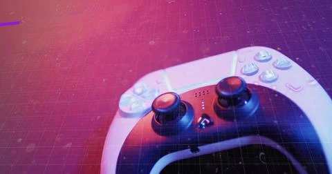 Image of scope and data processing over image game pad Illustrazione stock