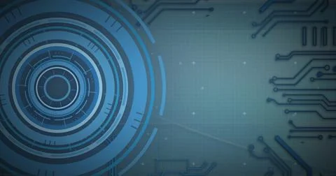 Image of scope and data processing over circuit board on blue background Stockillustratie