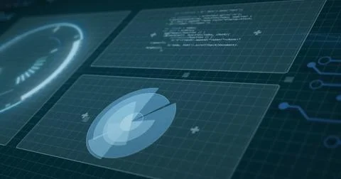 Image of scope and data processing over circuit board on screens 스톡 일러스트
