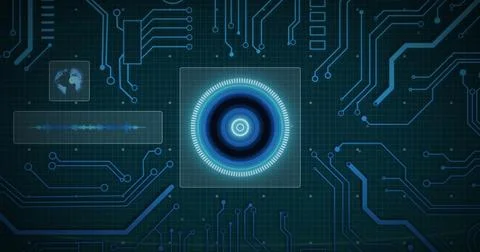 Image of scope and data processing over circuit board on screen Stock Illustration