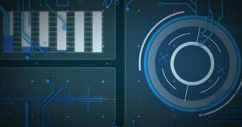 Image of scope and data processing over circuit board on screens Illustrazione stock