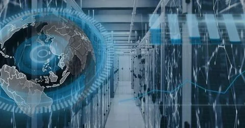 Image of scope and data processing over computer servers Stock Illustration