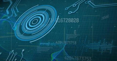 Image of scope and data processing over computer circuit board Illustrazione stock