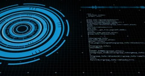 Image of scope and data processing over black background Illustrazione stock