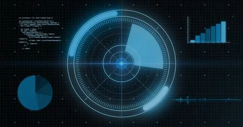 Image of scope and data processing over black background Illustrazione stock