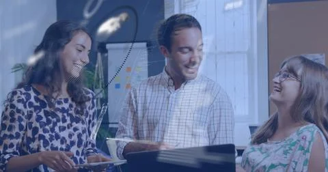 Image of scope and data processing over diverse business people in office Stockfoto's