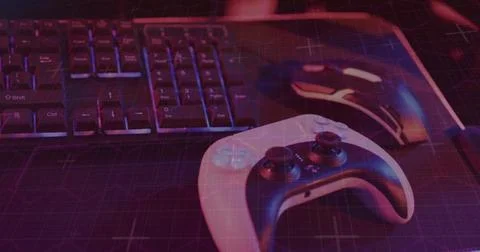 Image of scope and data processing over image game computer equipment 写真素材