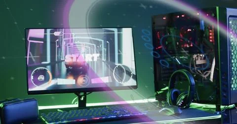 Image of scope and data processing over image game computer equipment Foto stock