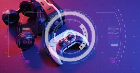 Image of scope and data processing over image game computer equipment Stock Photos