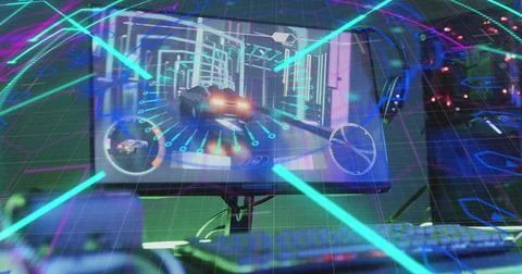 Image of scope and data processing over image game computer equipment Stock Photos