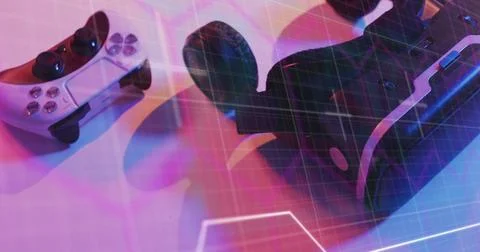 Image of scope and data processing over image game computer equipment Stock Photos