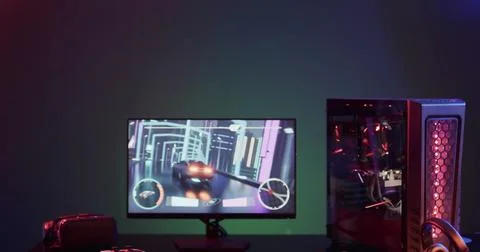 Image of scope and data processing over image game computer equipment 스톡 사진