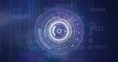 Image of scope and data processing over purple background 스톡 사진