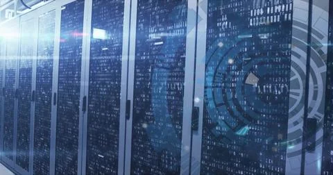 Image of scope and data processing over computer servers Stock Photos