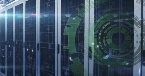 Image of scope and data processing over computer servers Foto stock