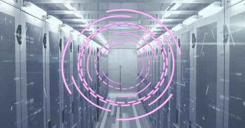 Image of scope and data processing over computer servers Foto stock