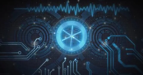 Image of scope and data processing over computer circuit board 스톡 사진