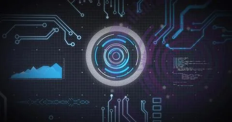 Image of scope and data processing over computer circuit board 스톡 사진