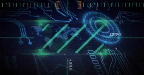 Image of scope and data processing over computer circuit board Foto stock