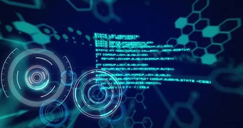 Image of scope and data processing over dark background 库存照片