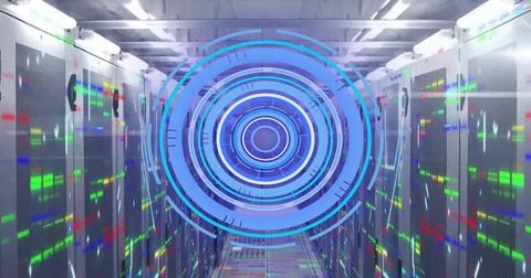 Image of scope and data processing over computer servers Foto stock