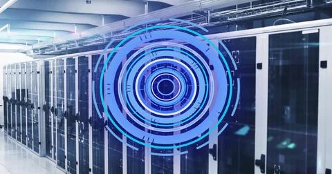 Image of scope and data processing over computer servers Foto stock