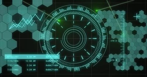 Image of scope and data processing over black background Stock Photos
