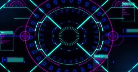 Image of scope and data processing on black background Stock Photos