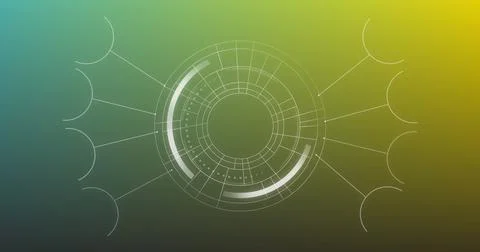 Image of scope and data processing with connections over green background Foto stock