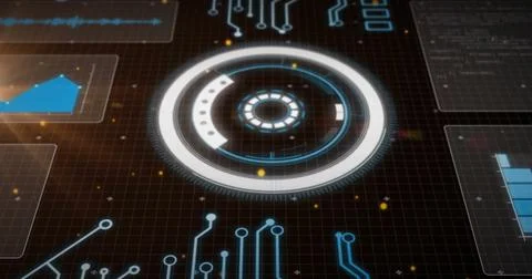 Image of scope and data processing over dark background Stock Photos