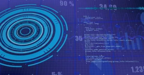 Image of scope and data processing over purple background Stock Photos