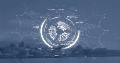 Image of scope and data processing over cityscape background 写真素材