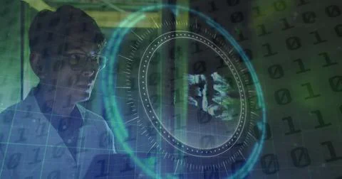 Image of scope and data processing over asian male it engineer by computer Stockfoto's