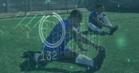 Image of scope and data processing over diverse male football players stretching Foto stock