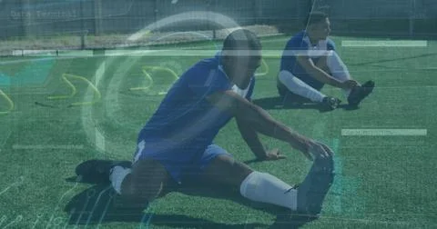 Image of scope and data processing over diverse male football players stretching Foto stock