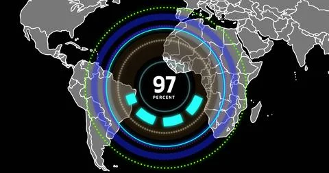 Image of scope and digital data processing over world map Foto stock