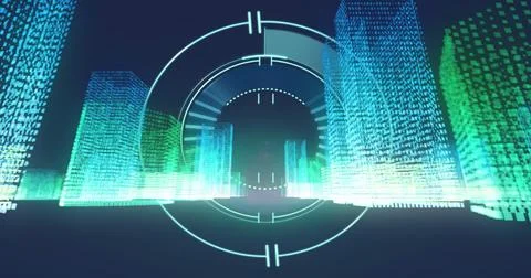 Image of scope and digital data processing over 3d blocks on black background Stock Photos