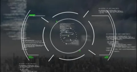 Image of scope and financial data processing over cityscape Stock Illustration