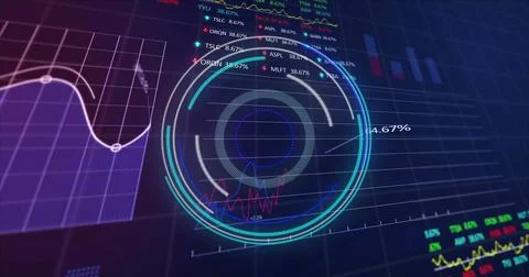Image of scope and financial data processing over blue background Foto stock