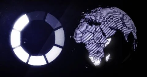 Image of scope and globe with data processing over black background 写真素材