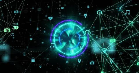 Image of scope and networks of connections with icons over black background Stock Illustration